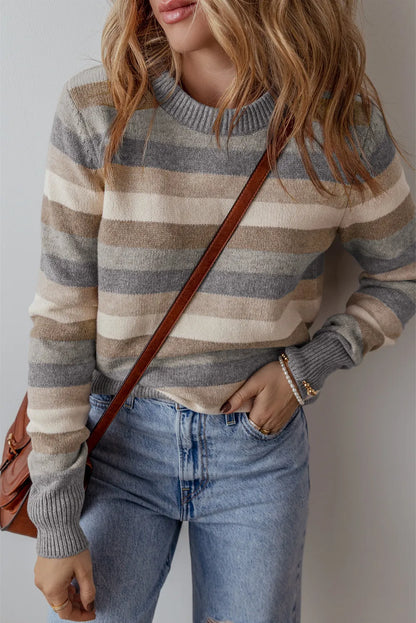 Get trendy with Striped Round Neck Long Sleeve Sweater - Sweaters available at Styles Code. Grab yours today!