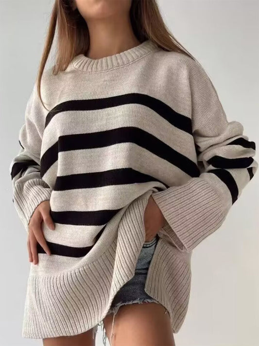 Get trendy with Slit Striped Round Neck Sweater - Sweaters available at Styles Code. Grab yours today!