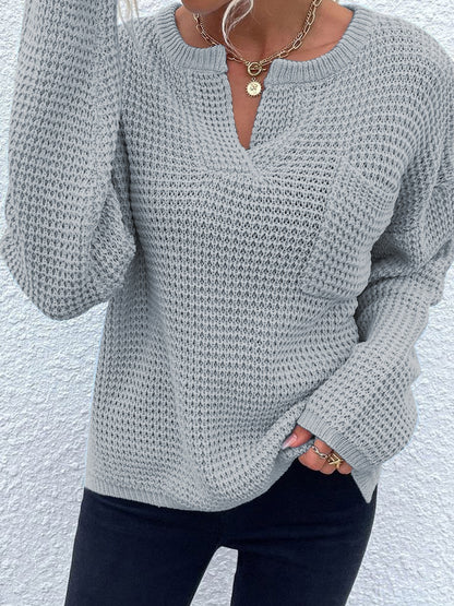 Get trendy with Notched Long Sleeve Sweater - Sweaters available at Styles Code. Grab yours today!