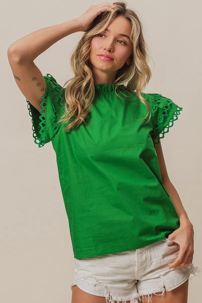 Get trendy with Woven Circle Trim Ruffle Top - Top available at Styles Code. Grab yours today!
