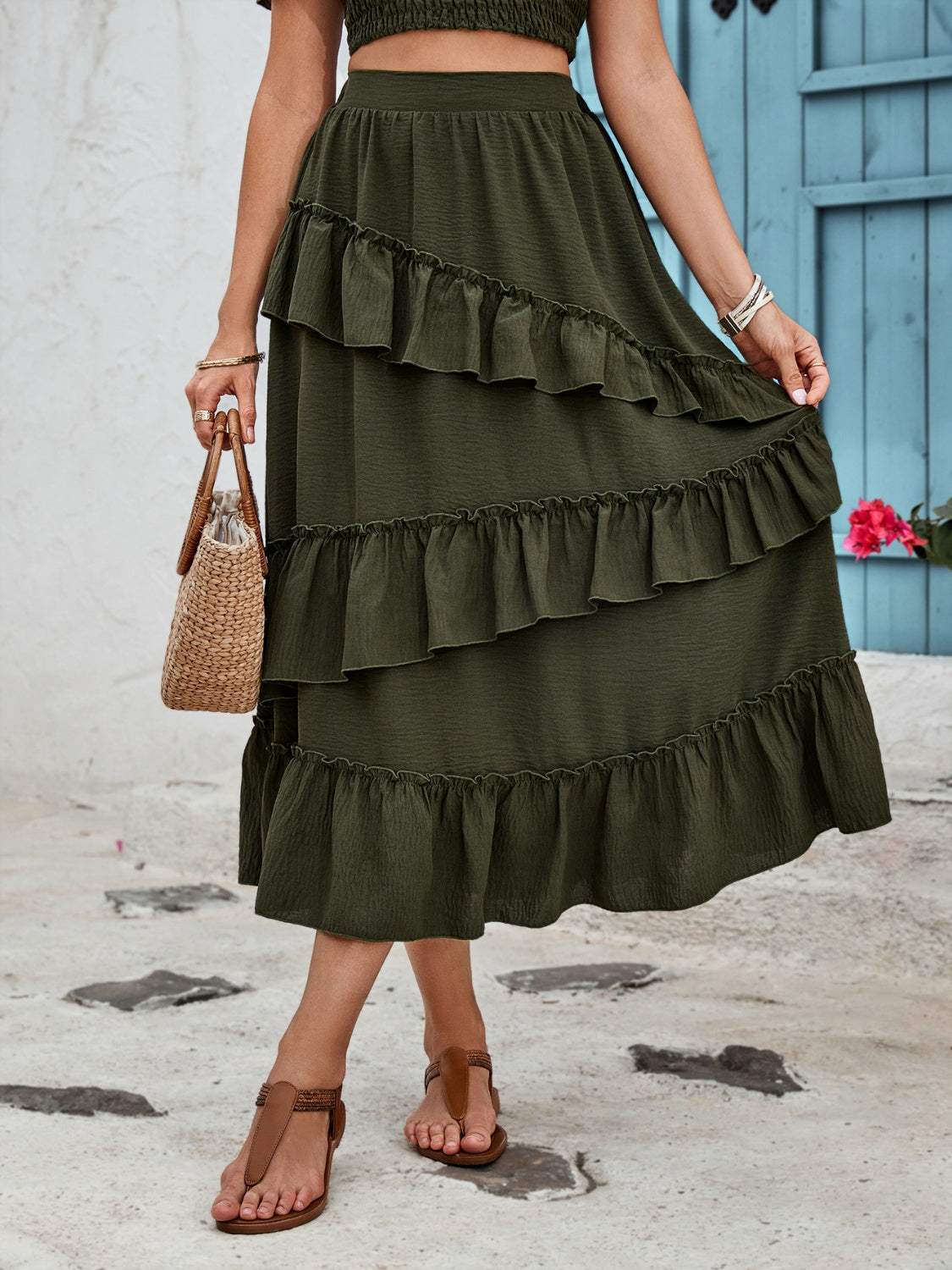 Get trendy with Honey Ruffled Elastic Waist Midi Skirt - Skirts available at Styles Code. Grab yours today!