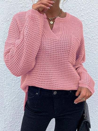 Get trendy with Notched Long Sleeve Sweater - Sweaters available at Styles Code. Grab yours today!