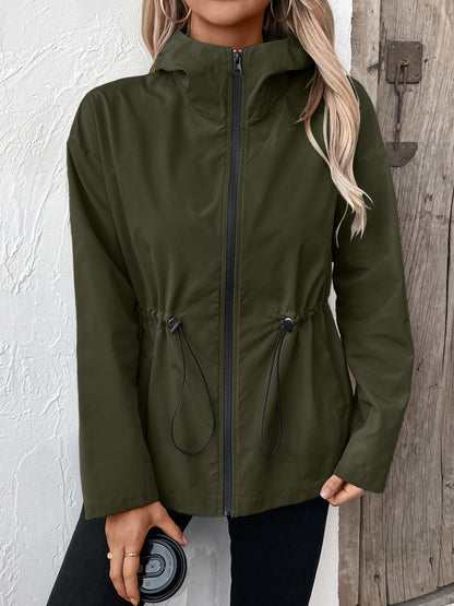 Get trendy with Drawstring Zip Up Hooded Jacket - Jacket available at Styles Code. Grab yours today!