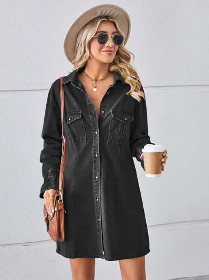 Get trendy with Pocketed Dropped Shoulder Mini Denim Dress - Denim Dress available at Styles Code. Grab yours today!