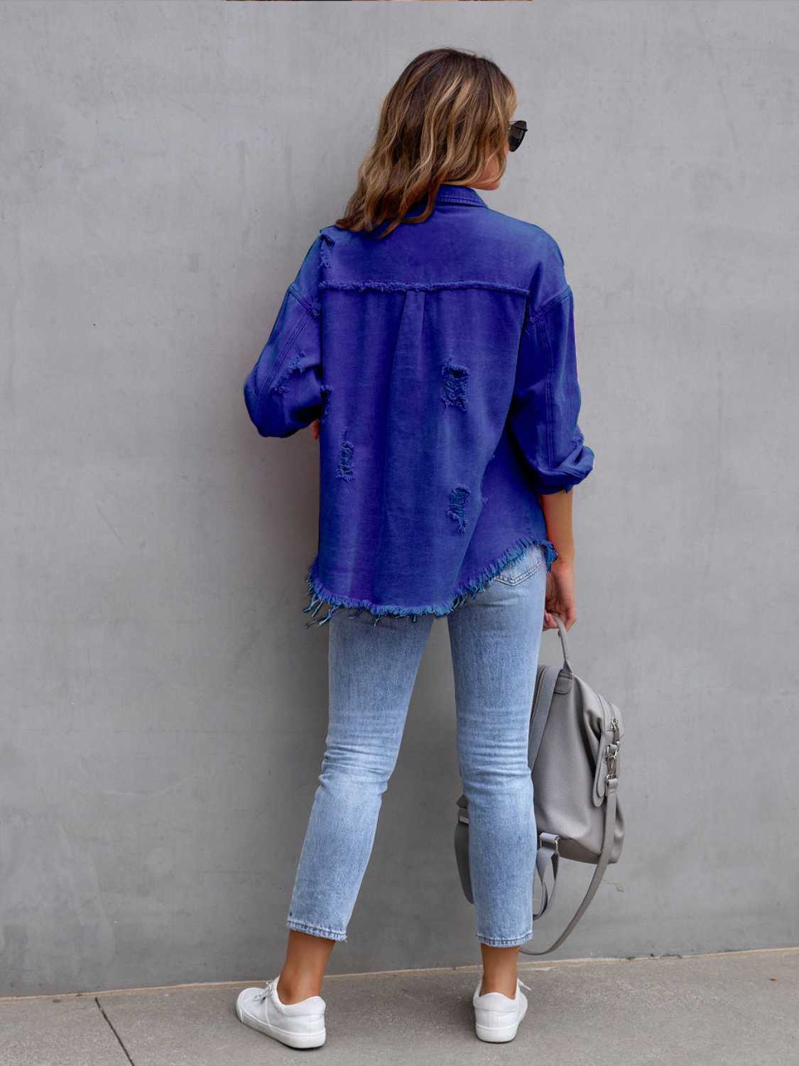 Get trendy with Distressed Drop Shoulder Denim Jacket - Denim Jacket available at Styles Code. Grab yours today!