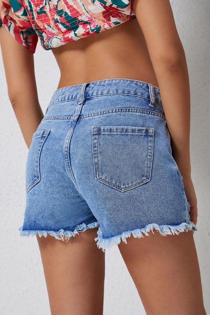 Get trendy with Distressed Raw Hem Denim Shorts - Denim Shorts available at Styles Code. Grab yours today!