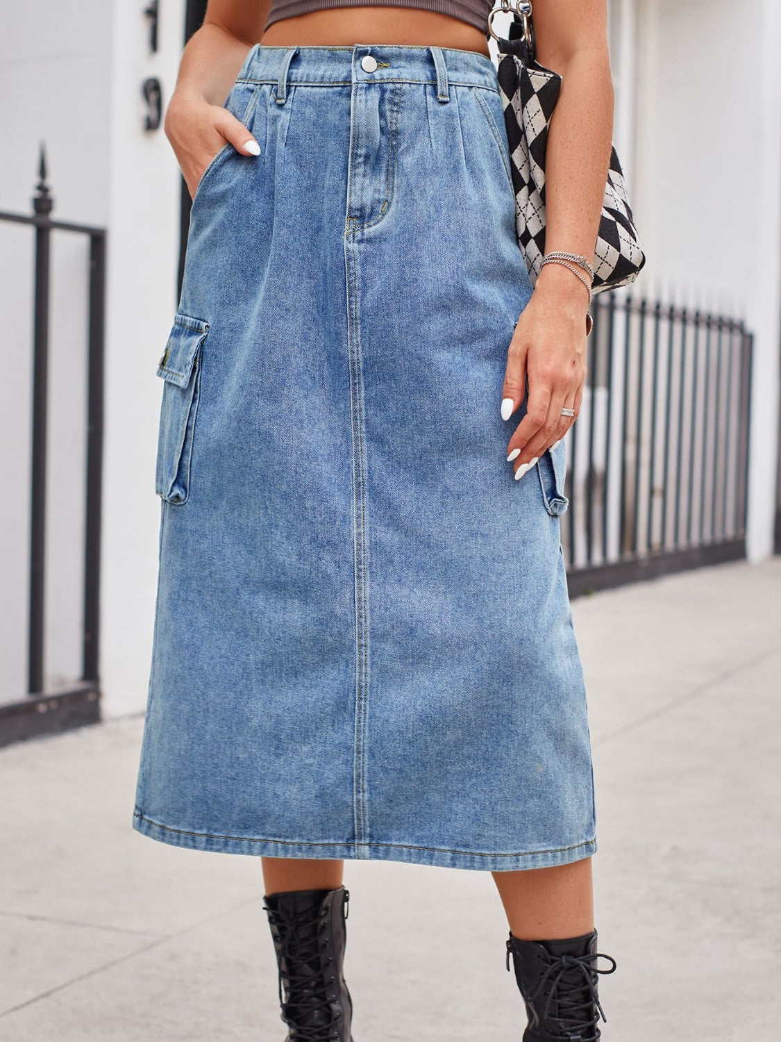 Get trendy with Slit Buttoned Denim Skirt with Pockets - Skirts available at Styles Code. Grab yours today!