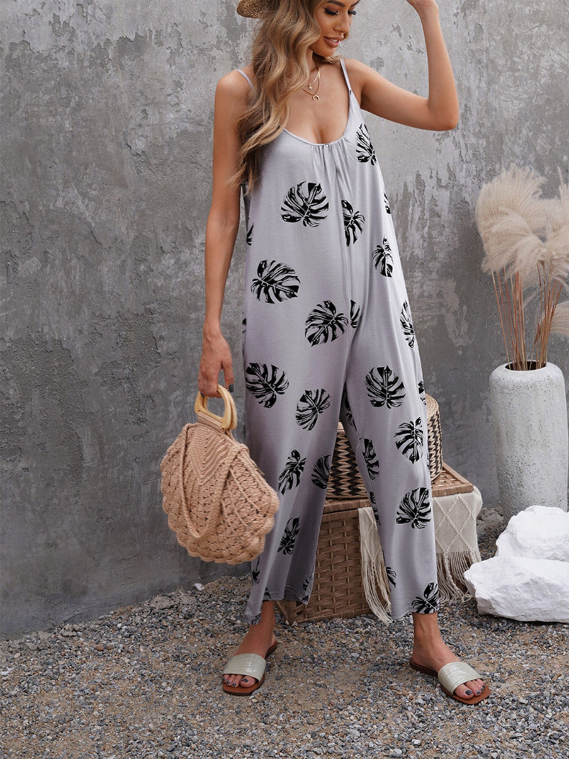 Get trendy with Printed Spaghetti Strap Jumpsuit with Pockets - Jumpsuit available at Styles Code. Grab yours today!