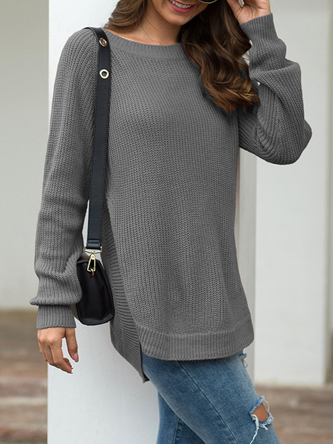 Get trendy with Slit Round Neck Long Sleeve Sweater - Sweaters available at Styles Code. Grab yours today!