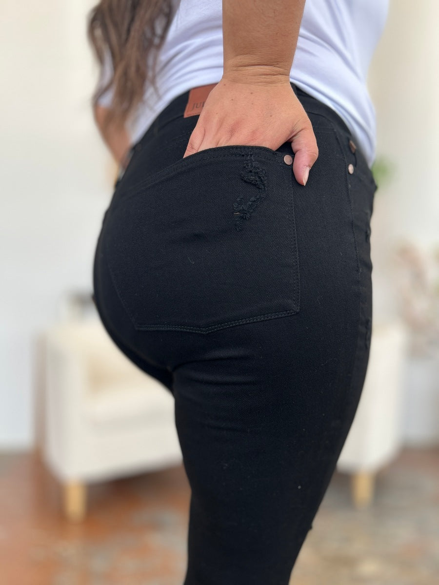 Get trendy with Judy Blue Full Size Distressed Tummy Control High Waist Skinny Jeans - Plus Size available at Styles Code. Grab yours today!