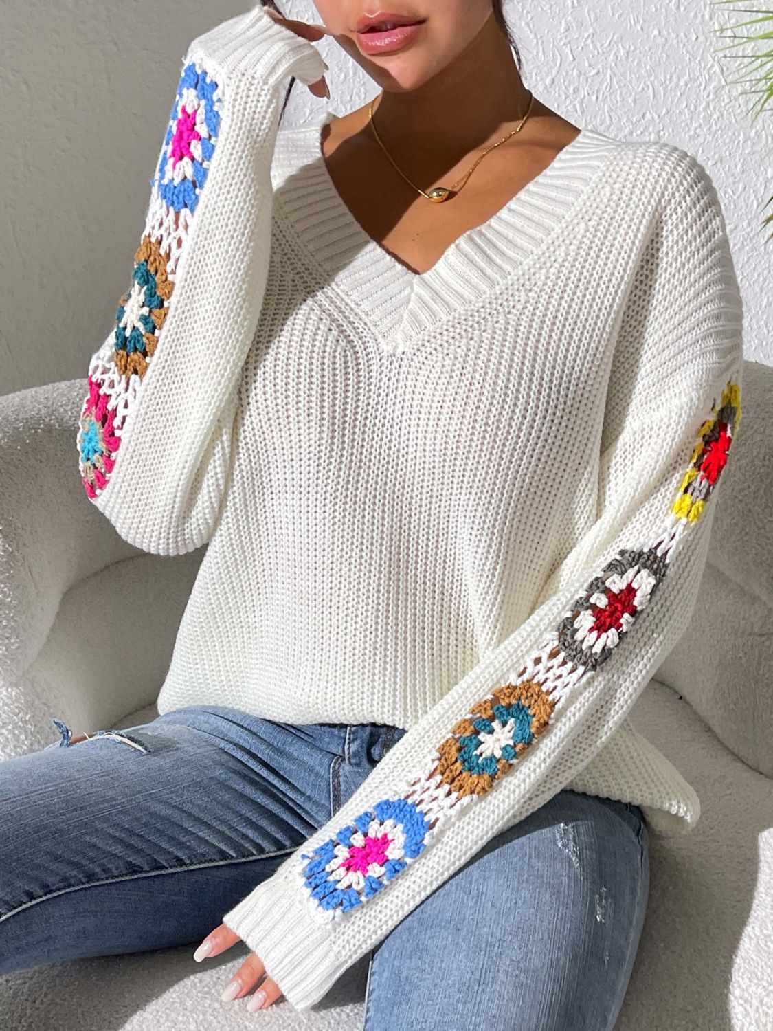 Get trendy with Crochet Flower V-Neck Sweater -  available at Styles Code. Grab yours today!