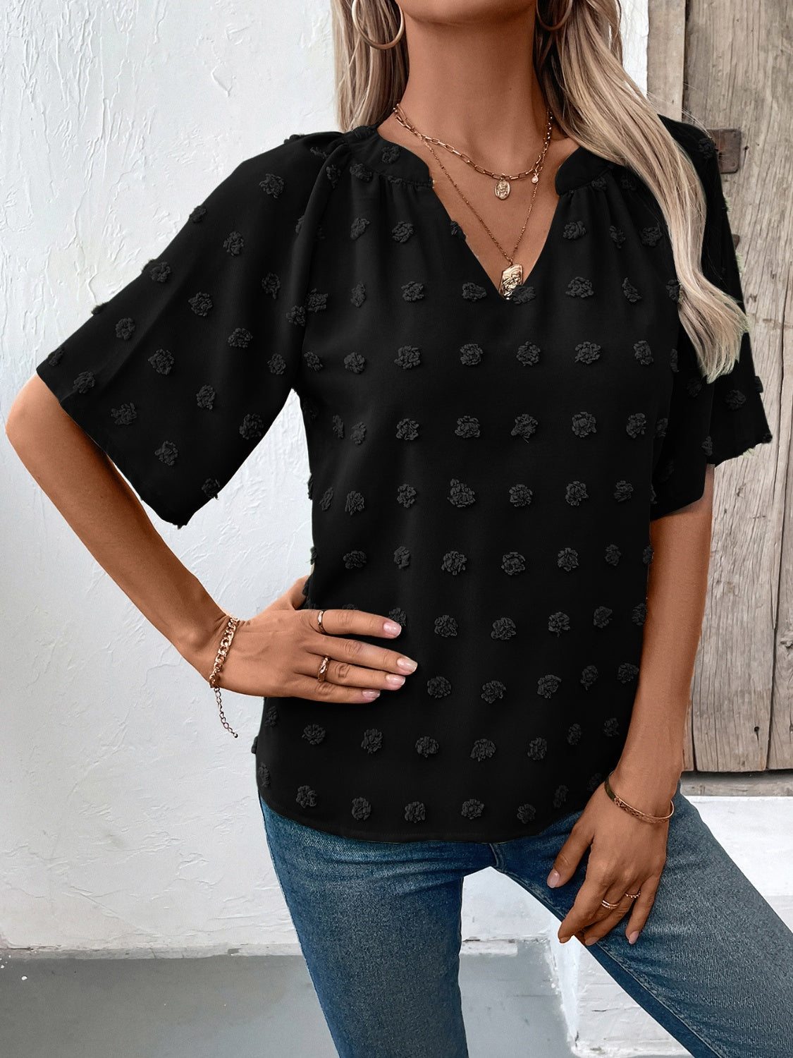 Get trendy with Swiss Dot Notched Half Sleeve Blouse - Blouse available at Styles Code. Grab yours today!