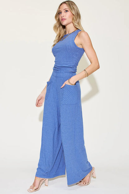 Get trendy with Ribbed Tank & Wide Leg Pants Set - Two Piece Sets available at Styles Code. Grab yours today!