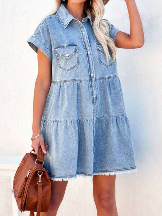 Get trendy with Raw Hem Short Sleeve Denim Dress - Denim Dress available at Styles Code. Grab yours today!