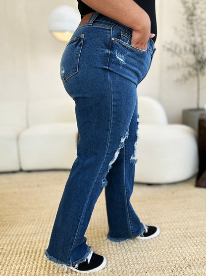 Get trendy with Judy Blue Full Size Mid Rise Distressed Raw Hem Jeans - Plus Size available at Styles Code. Grab yours today!