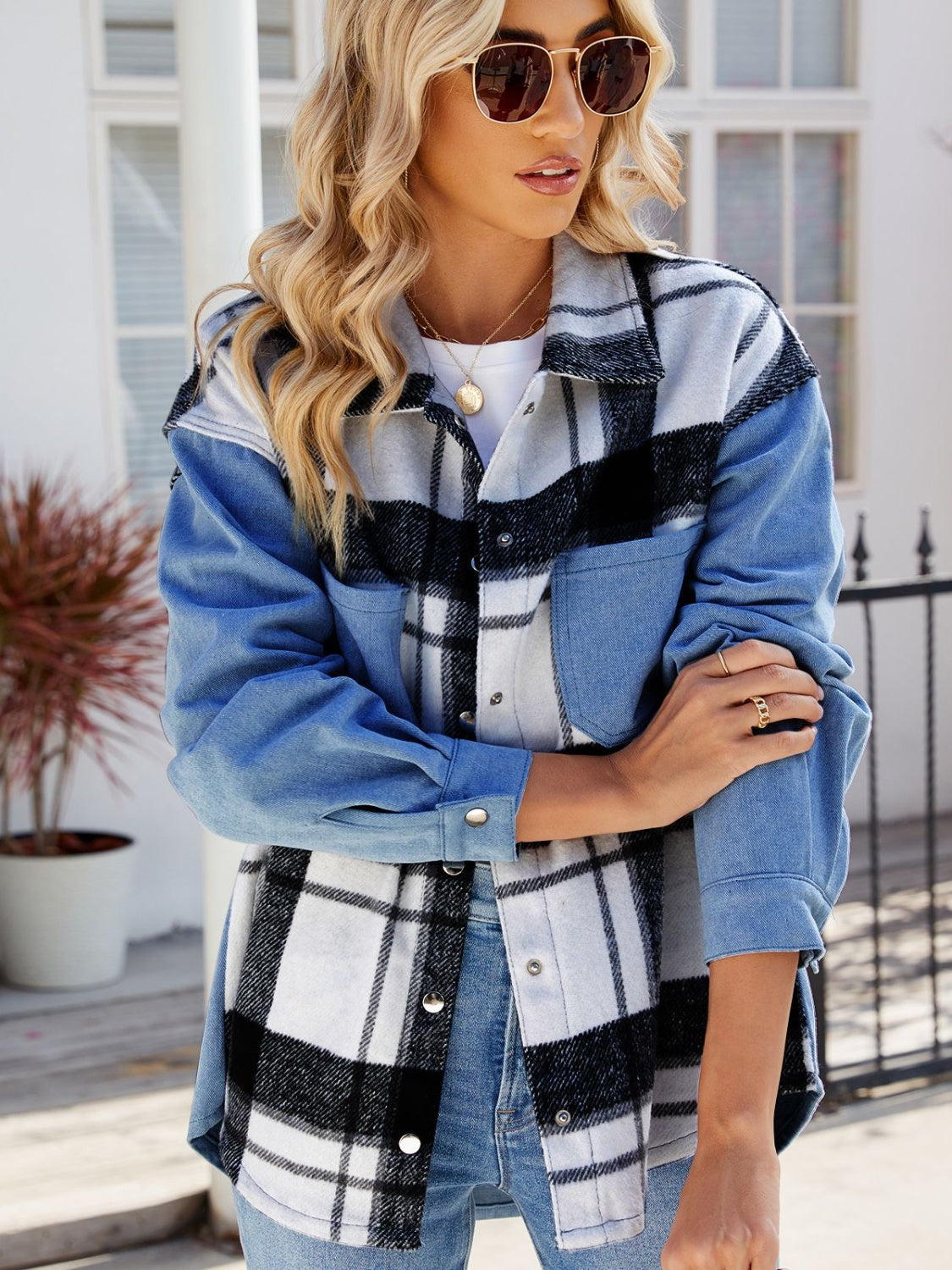 Get trendy with Pocketed Plaid Snap Down Denim Jacket - Denim Jacket available at Styles Code. Grab yours today!