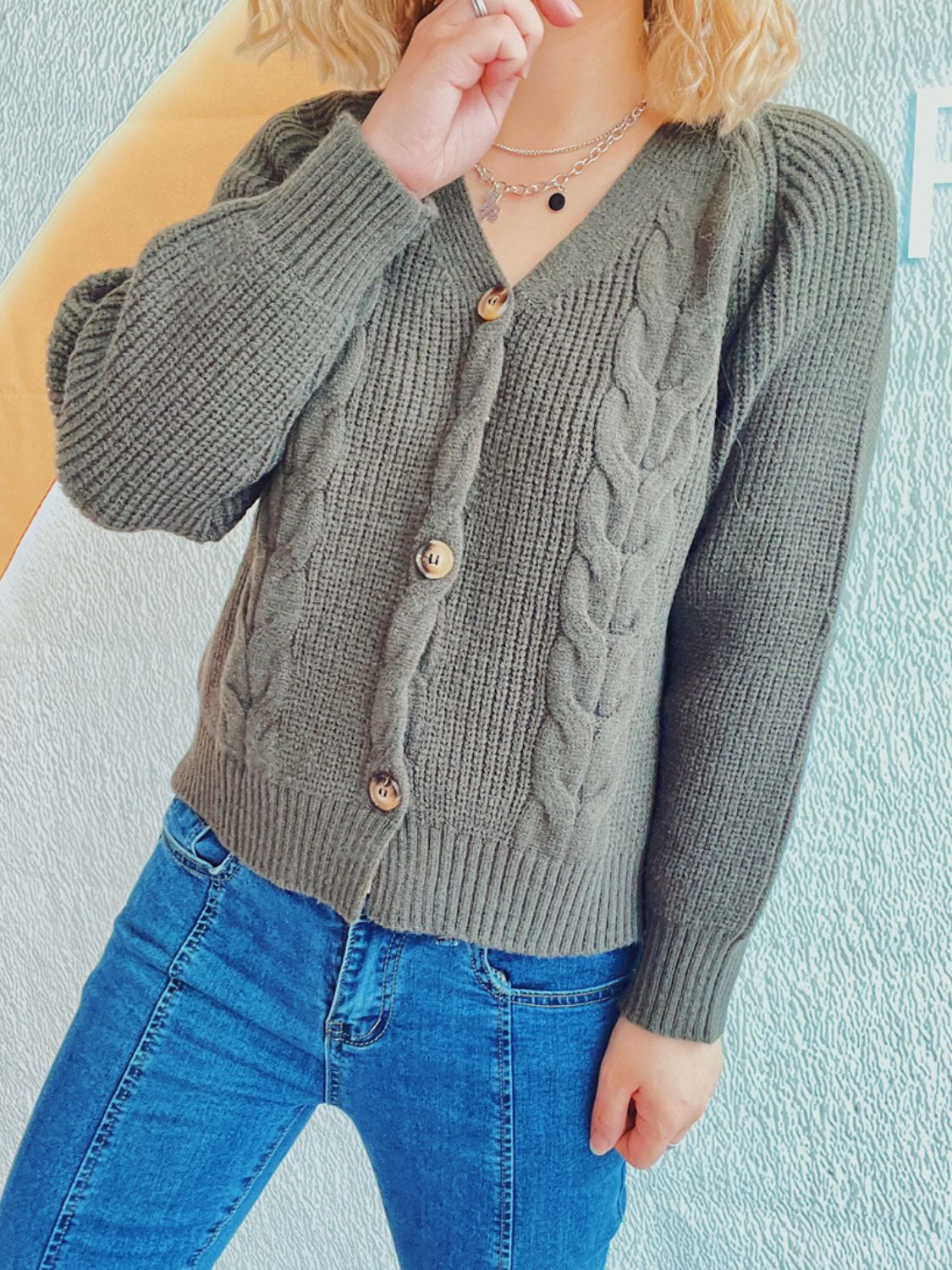 Get trendy with Cable-Knit V-Neck Cardigan - Cardigans available at Styles Code. Grab yours today!