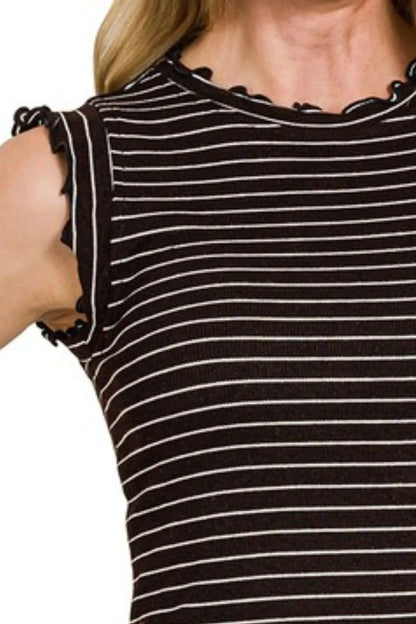 Get trendy with Ruffle Trim Sleeveless Stripe Top - Top available at Styles Code. Grab yours today!