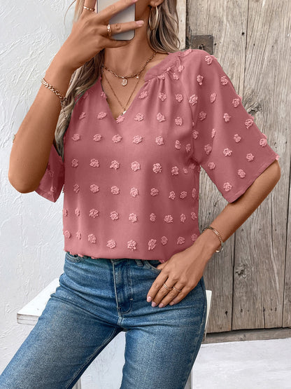 Get trendy with Swiss Dot Notched Half Sleeve Blouse - Blouse available at Styles Code. Grab yours today!