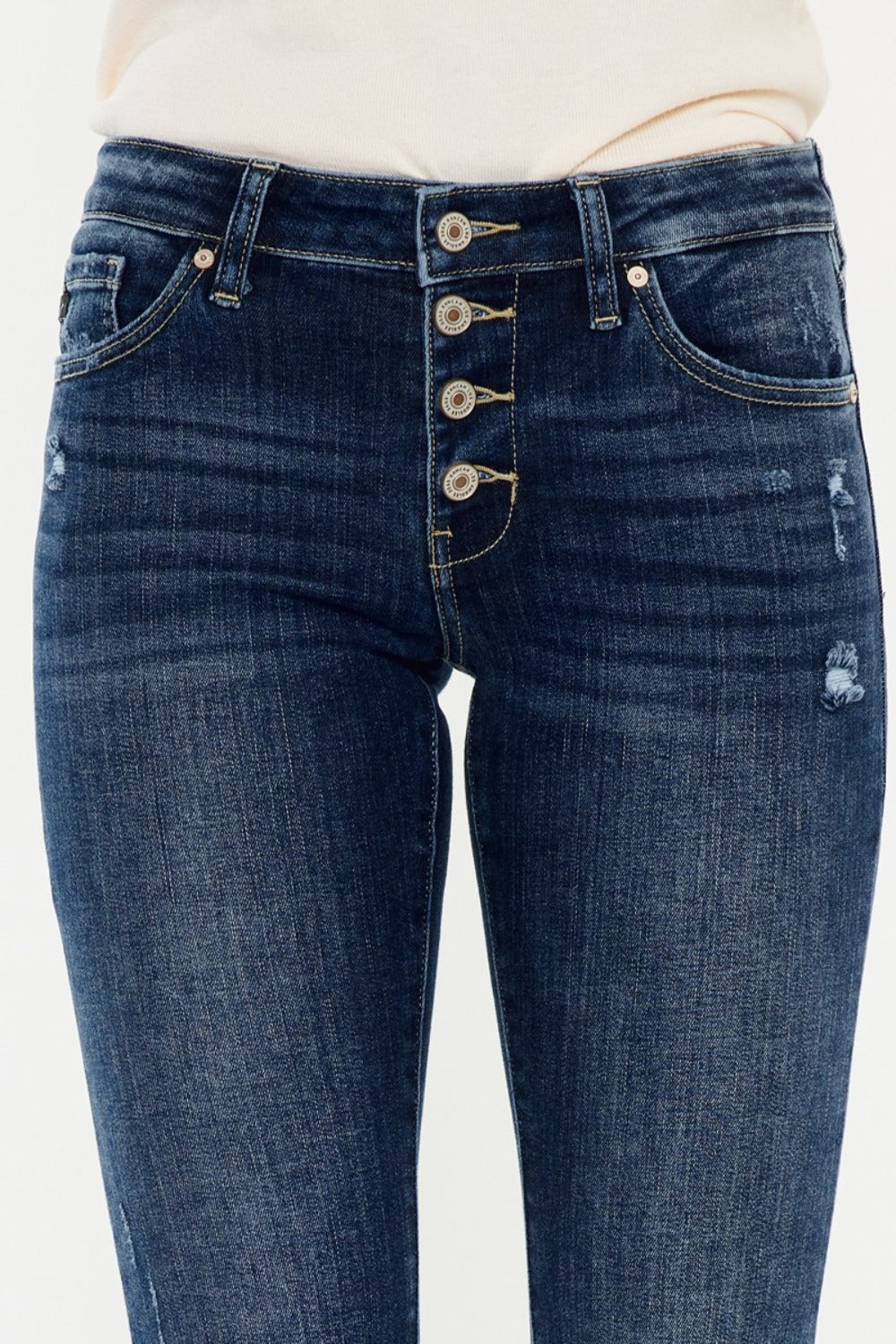 Get trendy with Kancan Mid Rise Button Fly Flare Jeans - Jeans available at Styles Code. Grab yours today!