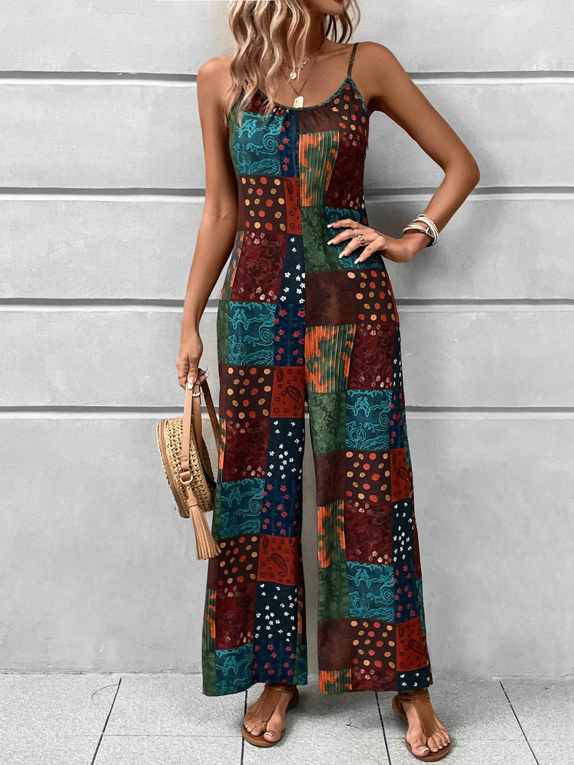 Get trendy with Printed Scoop Neck Spaghetti Strap Jumpsuit - Jumpsuit available at Styles Code. Grab yours today!