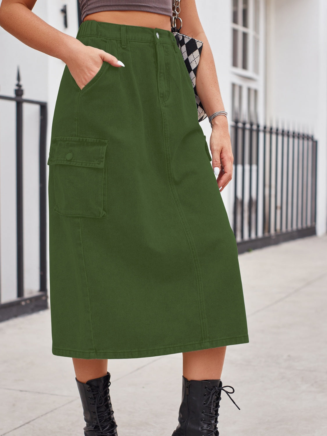 Get trendy with Slit Buttoned Denim Skirt with Pockets - Skirts available at Styles Code. Grab yours today!