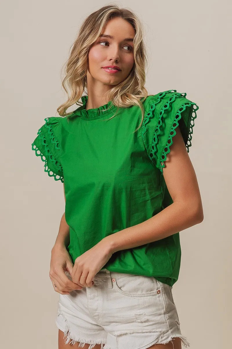 Get trendy with Woven Circle Trim Ruffle Top - Top available at Styles Code. Grab yours today!
