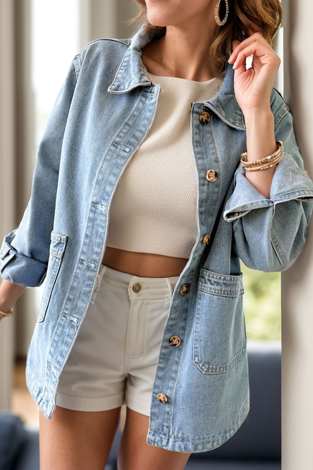 Get trendy with Pocketed Button Up Denim Jacket - Denim Jacket available at Styles Code. Grab yours today!