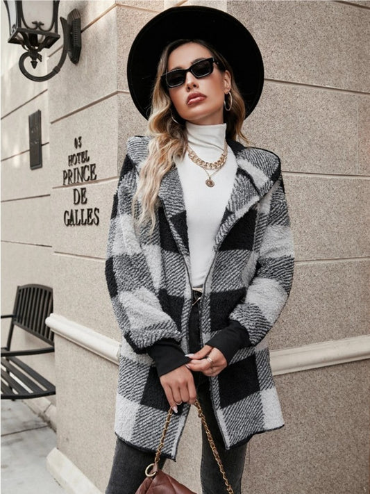 Get trendy with Plaid Long Sleeve Hooded Coat - Coats available at Styles Code. Grab yours today!