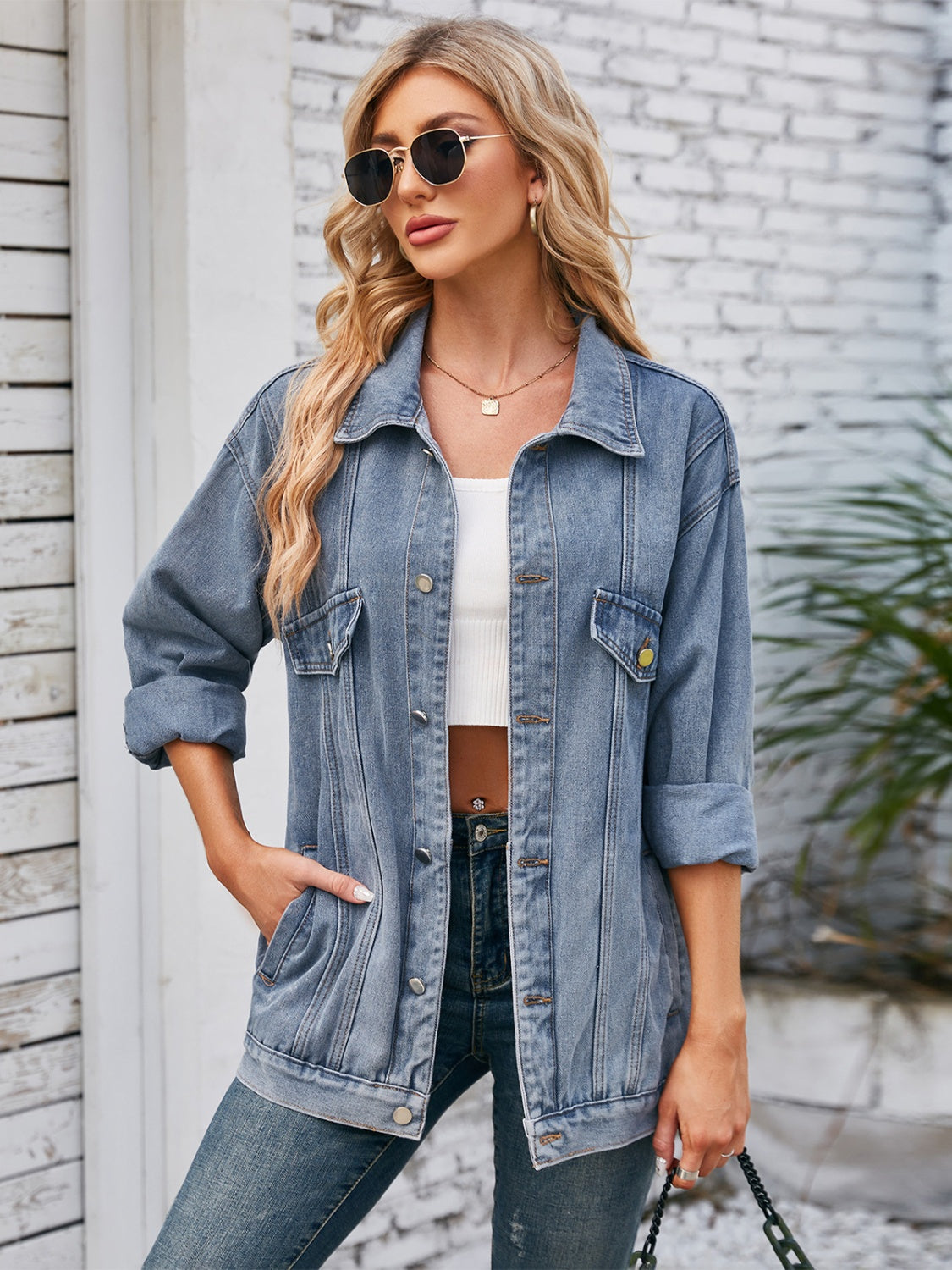 Get trendy with Button Up Long Sleeve Denim Jacket - Denim Jacket available at Styles Code. Grab yours today!