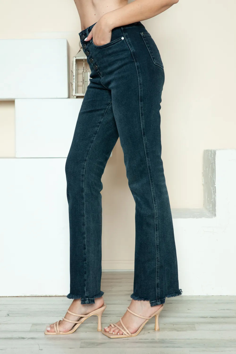 Get trendy with Button Fly Hem Straight Jeans - Jeans available at Styles Code. Grab yours today!