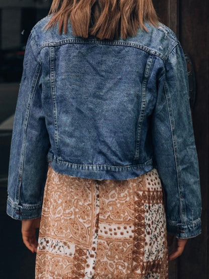 Get trendy with Collared Neck Distressed Denim Jacket - Denim Jacket available at Styles Code. Grab yours today!