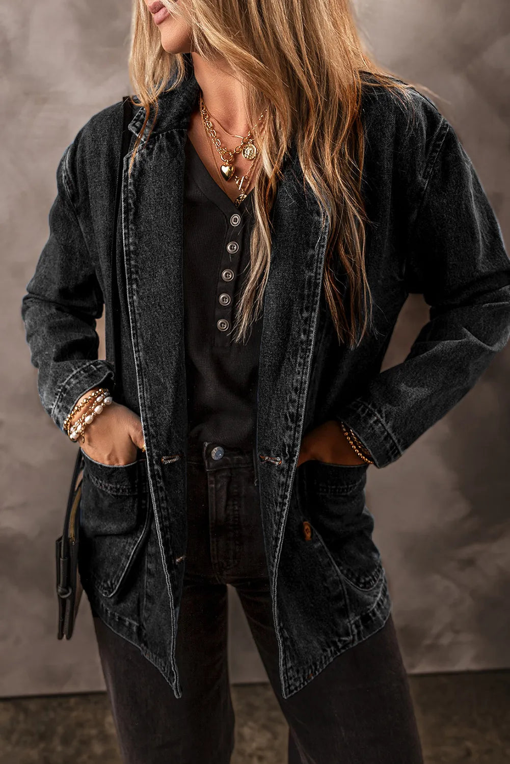 Get trendy with Pocketed Long Sleeve Denim Jacket - Denim Jacket available at Styles Code. Grab yours today!