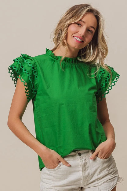 Get trendy with Woven Circle Trim Ruffle Top - Top available at Styles Code. Grab yours today!
