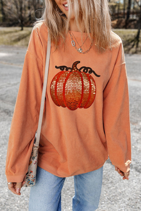 Get trendy with Sequin Pumpkin Round Neck Long Sleeve Sweatshirt -  available at Styles Code. Grab yours today!