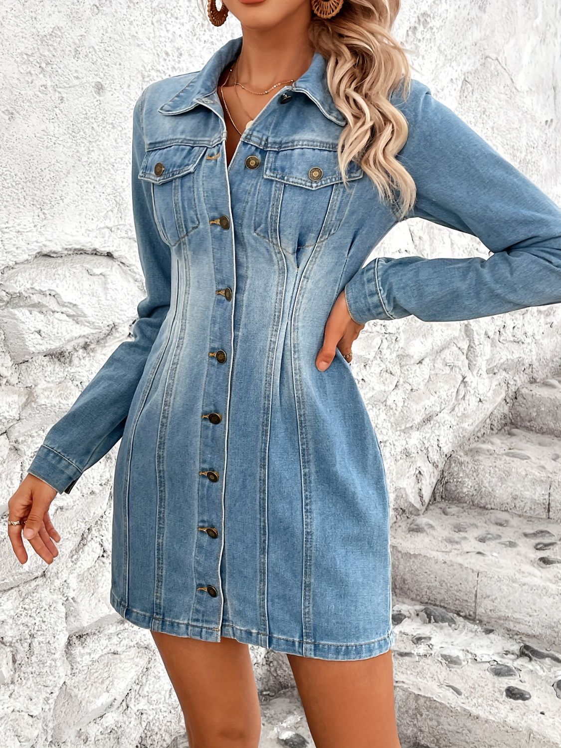 Get trendy with Pocketed Button Up Long Sleeve Denim Dress - Denim Dress available at Styles Code. Grab yours today!