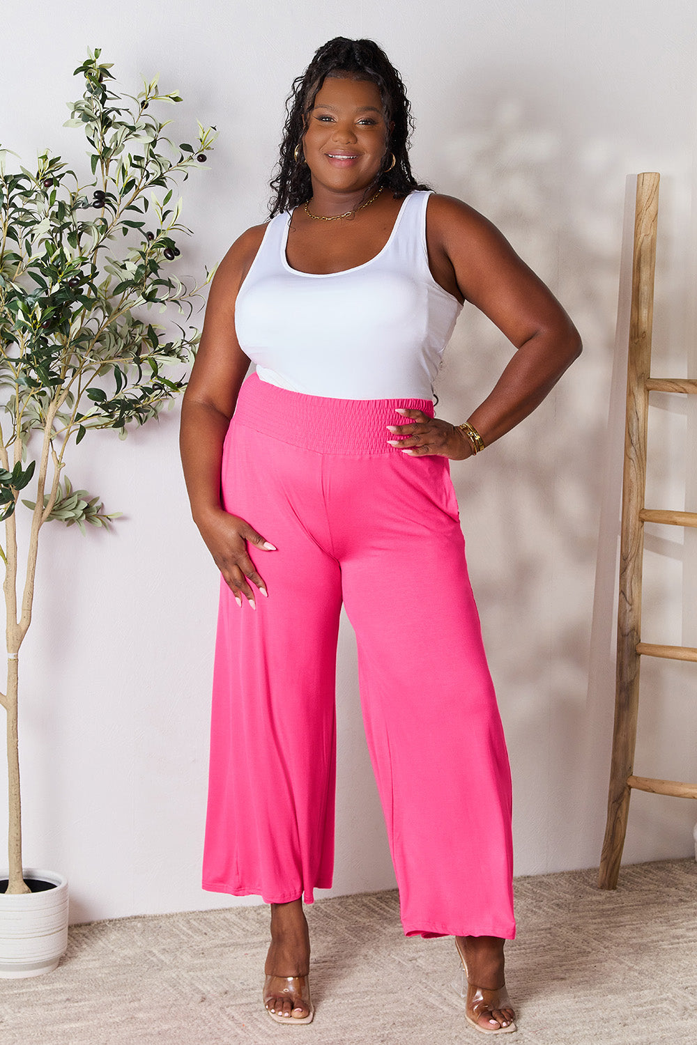 Get trendy with Full Size Smocked Wide Waistband Pants - Pants available at Styles Code. Grab yours today!