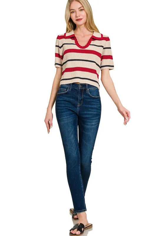 Get trendy with Striped Cropped Sweater Top - Top available at Styles Code. Grab yours today!