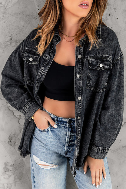 Get trendy with Button Up Pocketed Raw Hem Denim Jacket - Denim Jacket available at Styles Code. Grab yours today!