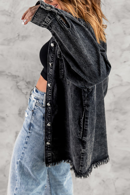 Get trendy with Button Up Pocketed Raw Hem Denim Jacket - Denim Jacket available at Styles Code. Grab yours today!