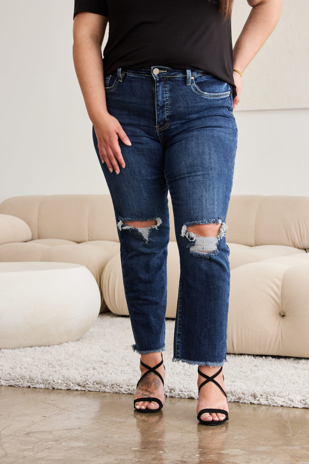 Get trendy with Full Size Distressed High Waist Jeans - Jeans available at Styles Code. Grab yours today!