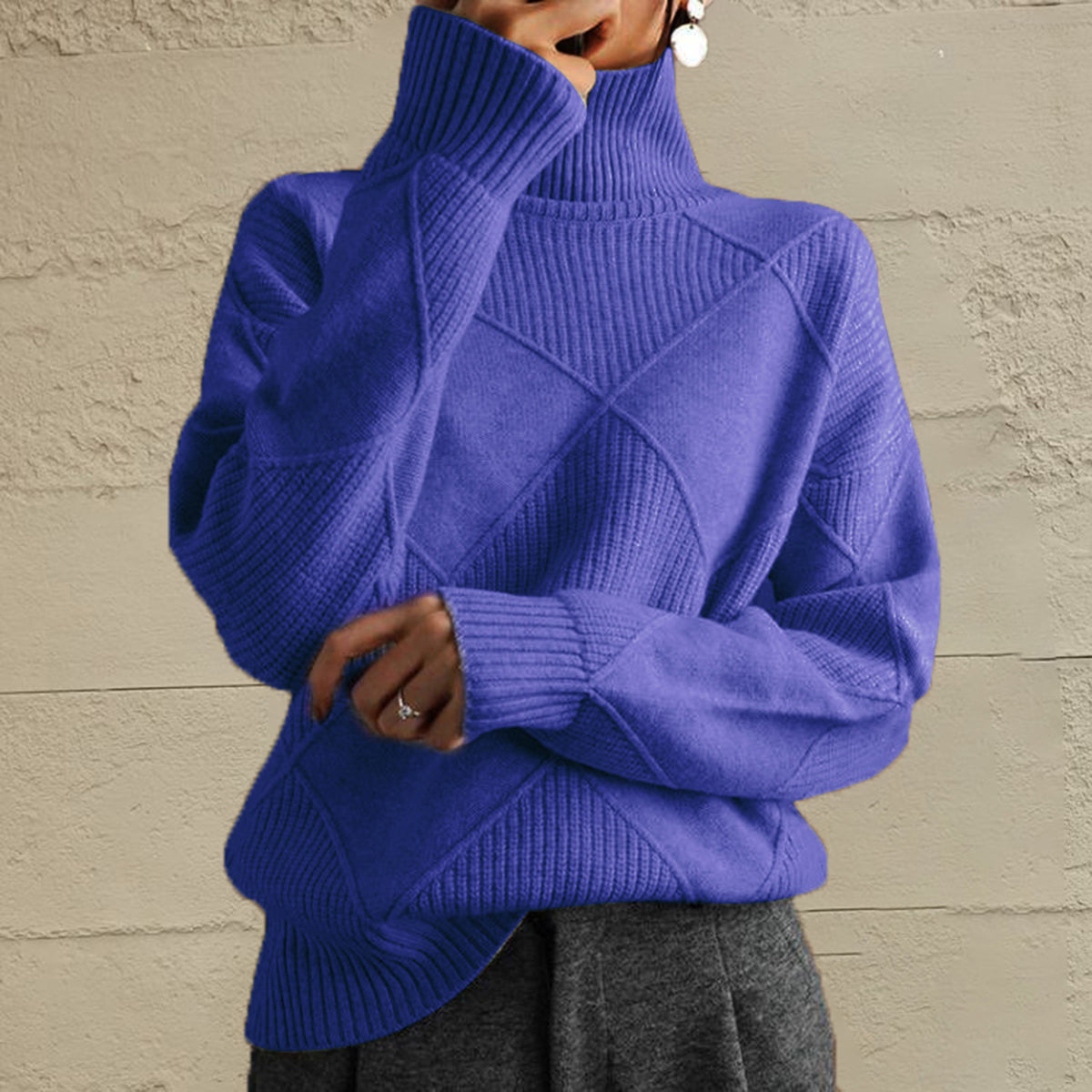 Get trendy with Geometric Turtleneck Long Sleeve Sweater - Sweaters available at Styles Code. Grab yours today!