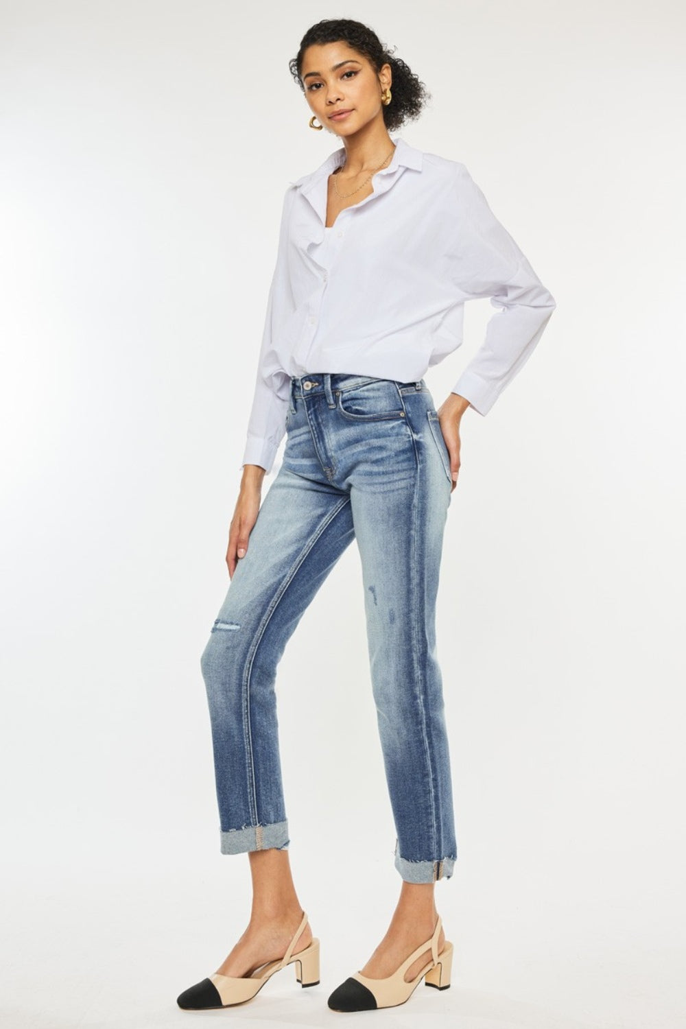 Get trendy with High Rise Cuffed Straight Jeans - Jeans available at Styles Code. Grab yours today!