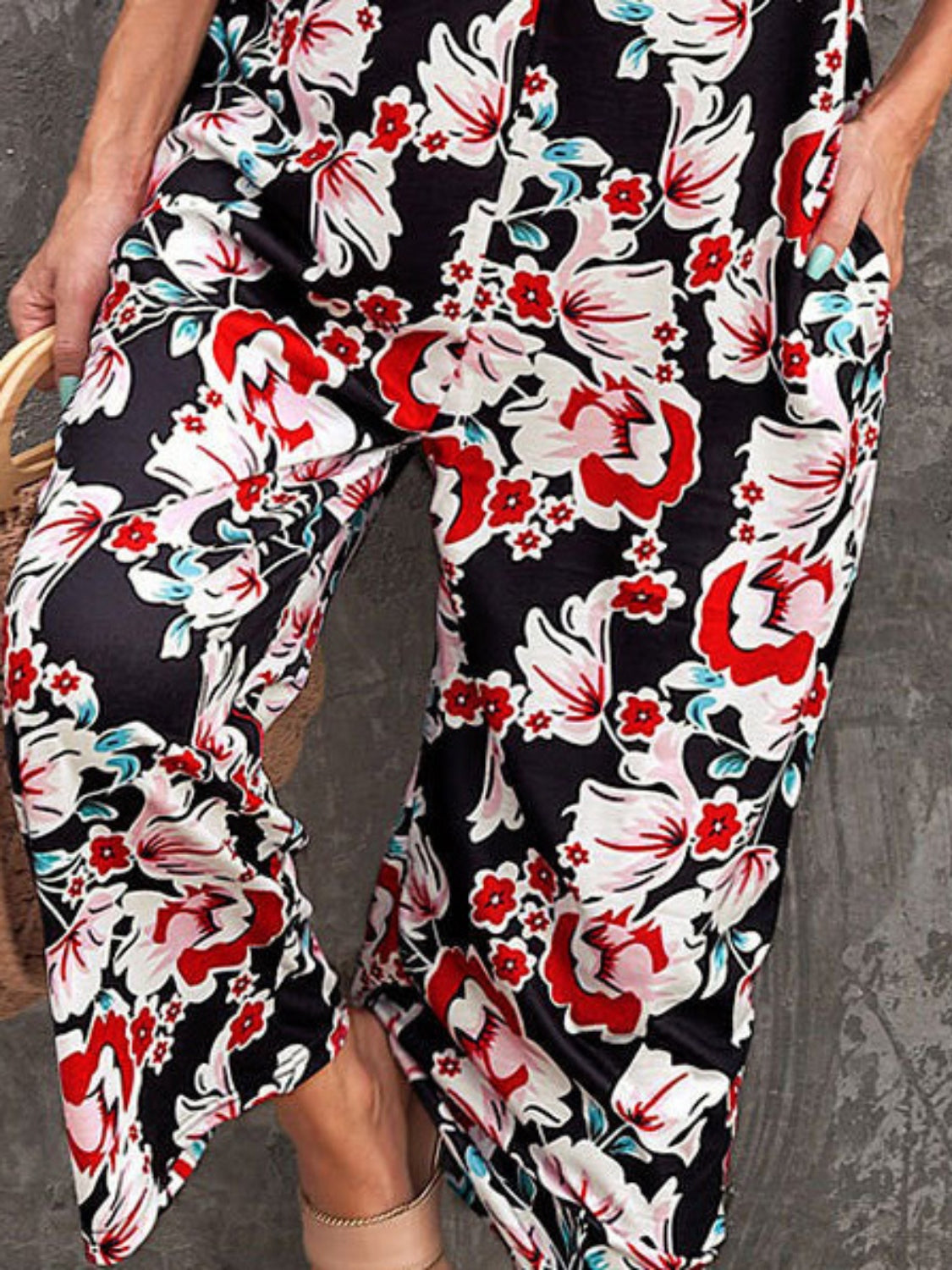 Get trendy with Printed Spaghetti Strap Jumpsuit with Pockets - Jumpsuit available at Styles Code. Grab yours today!