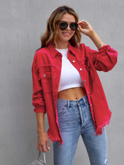 Get trendy with Distressed Drop Shoulder Denim Jacket - Denim Jacket available at Styles Code. Grab yours today!