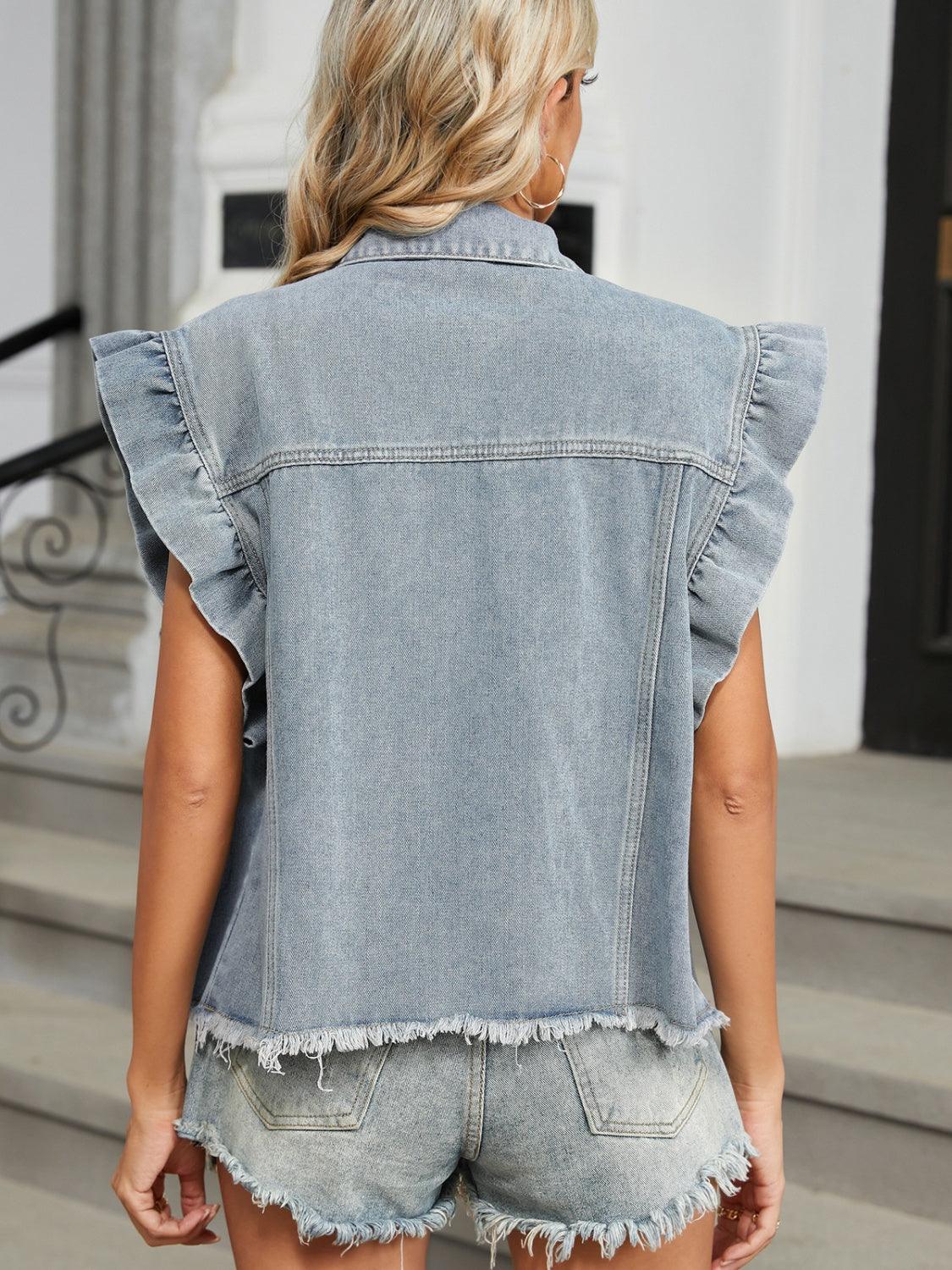 Get trendy with Raw Hem Cap Sleeve Denim Jacket -  available at Styles Code. Grab yours today!