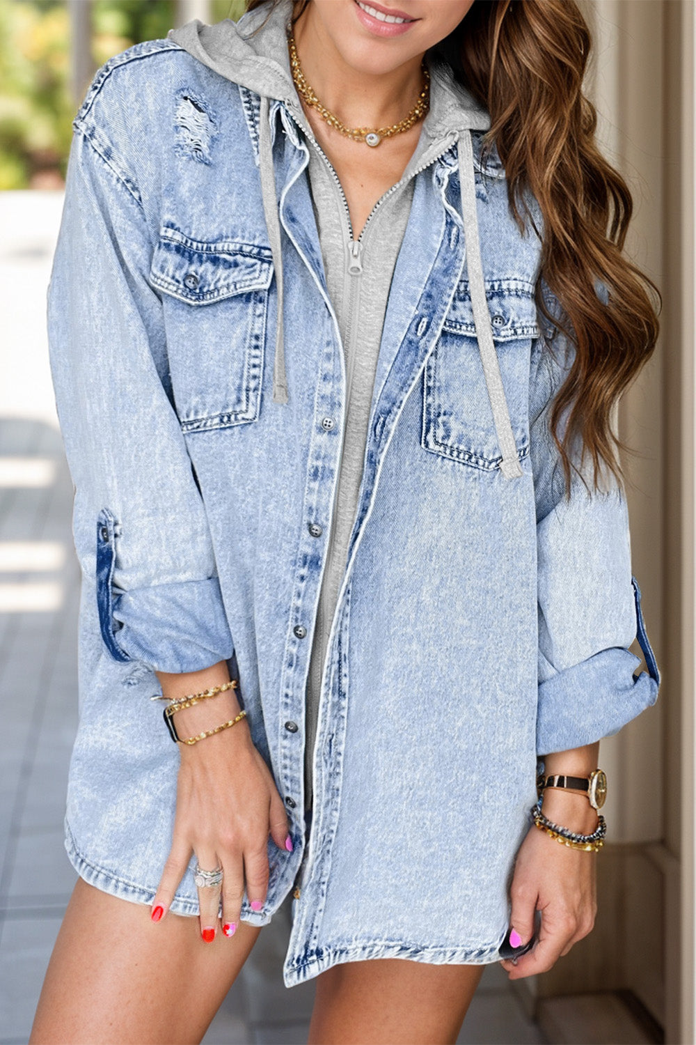 Get trendy with Distressed Button Up Long Sleeve Denim Jacket -  available at Styles Code. Grab yours today!