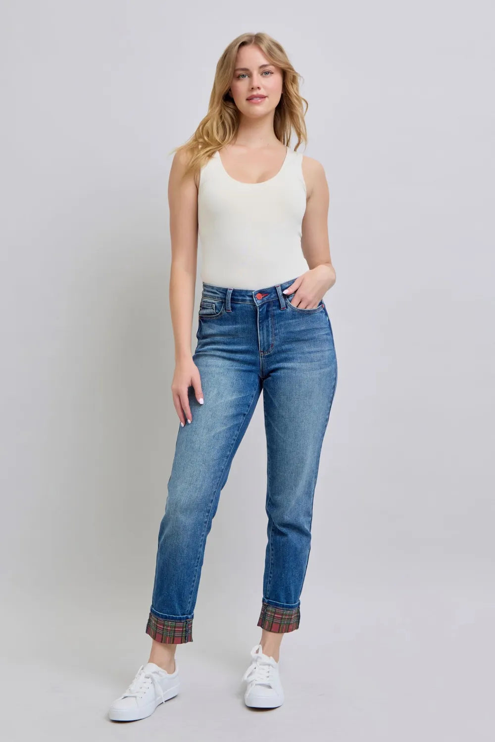 Get trendy with Plaid Print Cuff Straight Leg Jeans - Jeans available at Styles Code. Grab yours today!