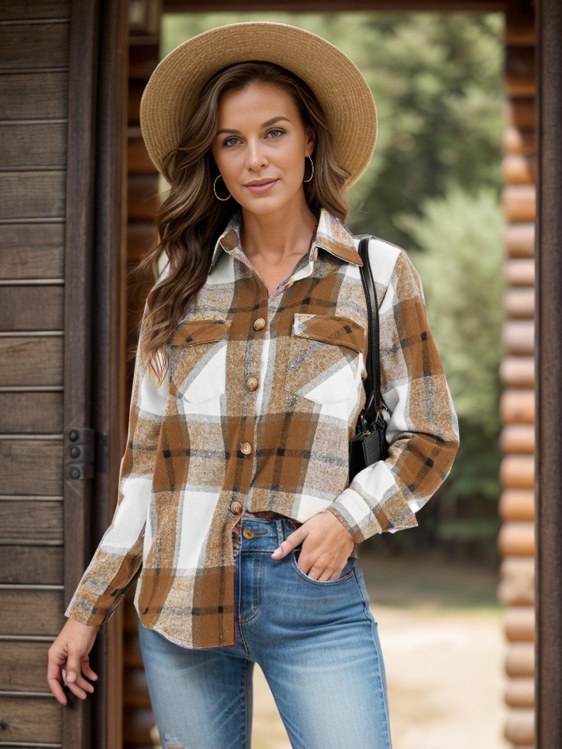 Get trendy with Full Size Pocketed Plaid Collared Neck Shacket -  available at Styles Code. Grab yours today!