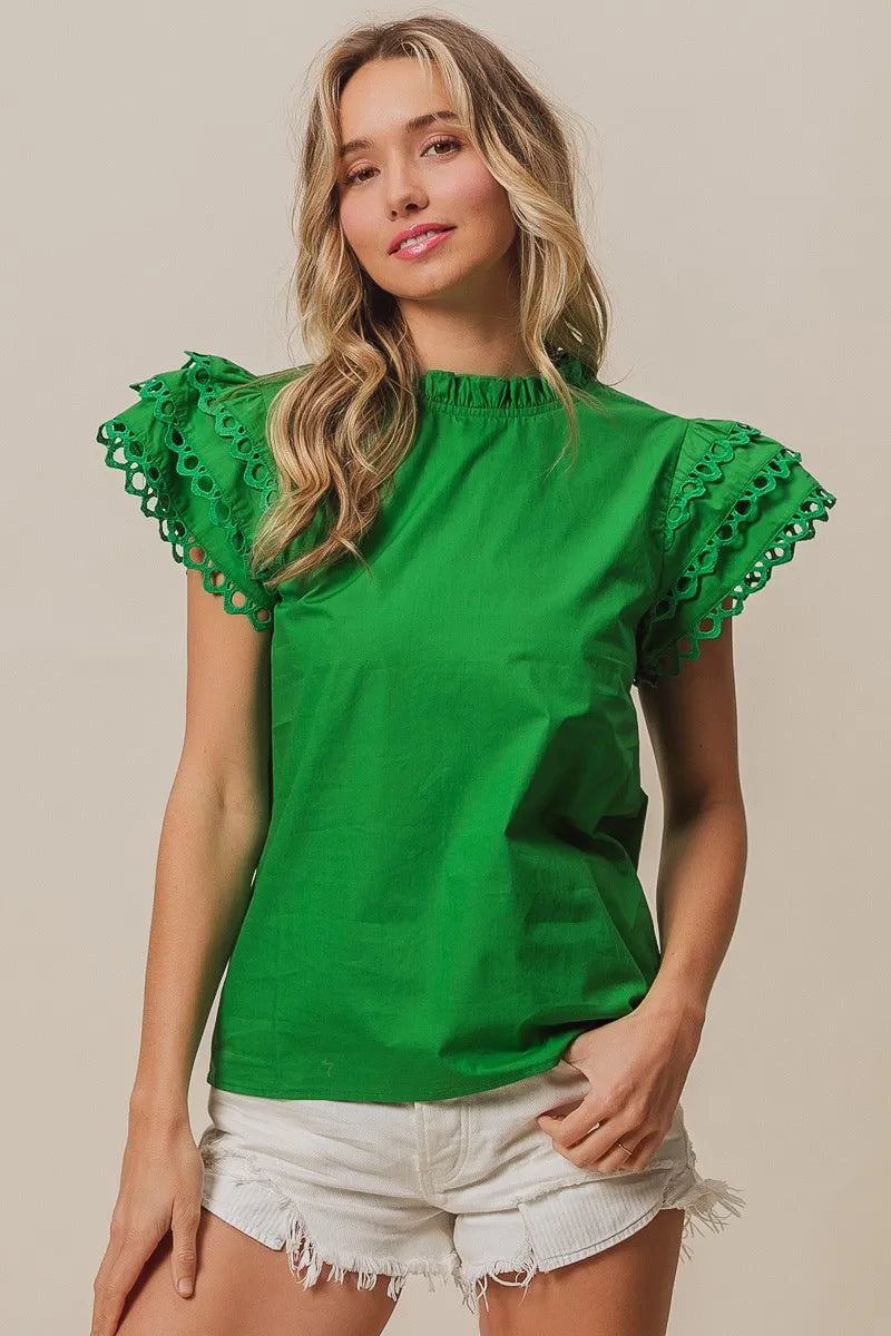 Get trendy with Woven Circle Trim Ruffle Top - Top available at Styles Code. Grab yours today!
